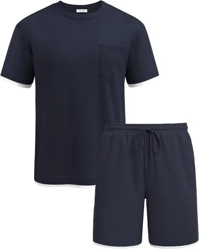 Miniatura 63 de COOFANDY Conjunto de camisa y pantalones cortos de gofre para hombre, conjunto de 2 piezas, conjunto casual de verano con bolsillos