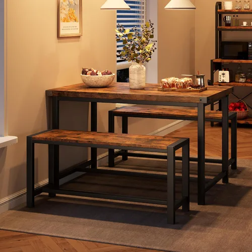 Juego de mesa de comedor de granja para 4, juego de mesa de cocina de 3 piezas con 2 bancos, mesa rectangular pequeña y bancos para comedor, cocina