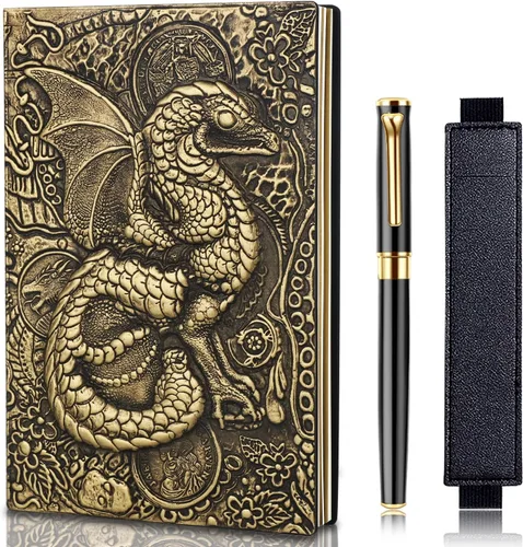 Miniatura 8 de FEIDIAO Cuaderno de Cuero con Relieve de Lagarto Vintage, Cuaderno DND, Diario de Viaje con Bolígrafo y Funda para Bolígrafo, Diario de Cuero PU