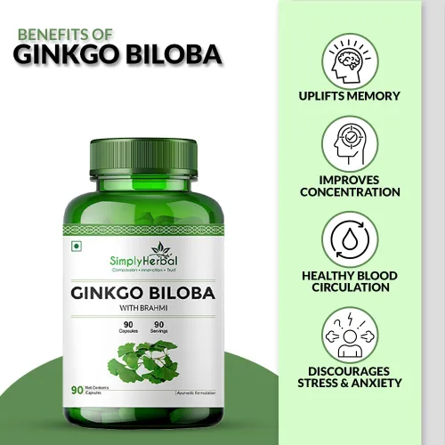 Miniatura 8 de Simply Herbal Ginkgo Biloba 120mg con extracto de Bacopa Monnieri Brahmi 380mg para una mejor concentración, mejora la circulación sanguínea, mejora