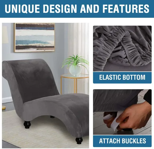 Miniatura 4 de H.VERSAILTEX Funda de Terciopelo para Chaise Lounge, Funda de Chaise sin Brazos de Lujo para Sala de Estar, Lavable a Máquina, Gris