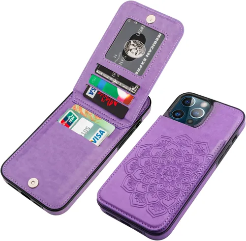 Vaburs Funda tipo cartera para iPhone 13 Pro Max, funda con función atril y soporte para tarjeta de crédito, diseño floral de mandala en relieve de