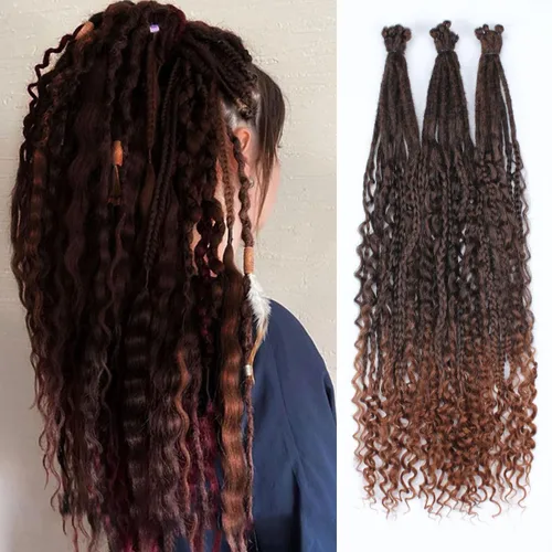 Miniatura 45 de Extensiones de rastas trenzadas bohemias de 24 pulgadas, 10 hebras de rastas sintéticas rizadas color marrón degradado con trenza de caja, rastas