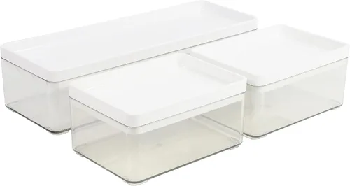 Miniatura 9 de Martha Stewart Grady - Cajas de almacenamiento apilables de plástico transparente con tapas de plástico blanco, juego de 3 Tapa de plástico