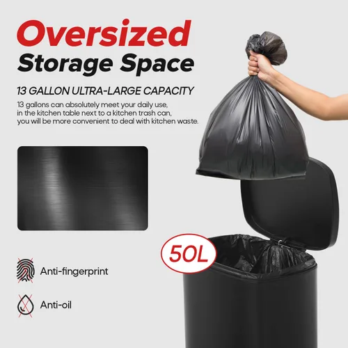 Miniatura 3 de Basurero de 13 galones de acero inoxidable de 50 litros, cubo de basura de metal para el hogar y la cocina, color negro