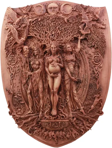 Ebros Pagan Wiccan Triple Goddess Maiden Mother Crone Shield Placa de pared de 14 pulgadas de alto Triple Luna Decoración de pared Escultura celta