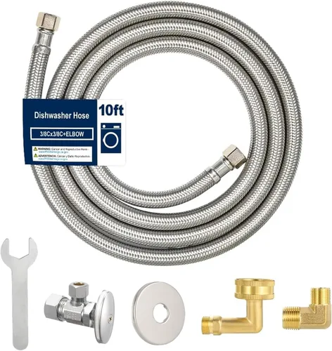 Kit de instalación universal para lavavajillas, kit de manguera trenzada de acero inoxidable de 10 pies con válvula de tope, codo MIP de 3/8 x 3/8