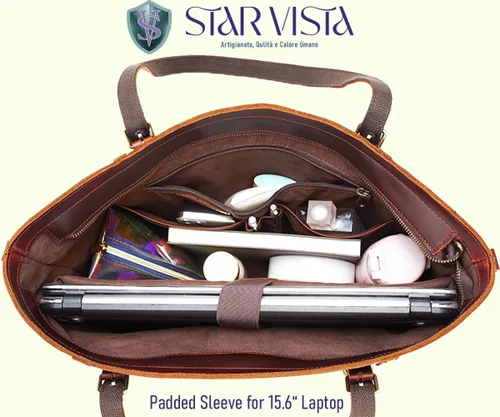 Miniatura 5 de STAR VISTA Scopella Bolsa de cuero de grano completo, XL, portátil de 15.6 pulgadas, cremalleras YKK, asas ajustables y correa, funda para carrito