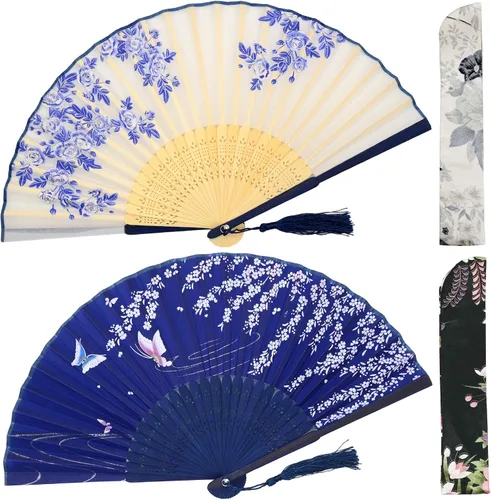 Miniatura 10 de OMyTea Abanicos de mano plegables para mujer, abanicos chinos japoneses de seda de bambú vintage, para sofocos, EDM, festival de música, fiesta