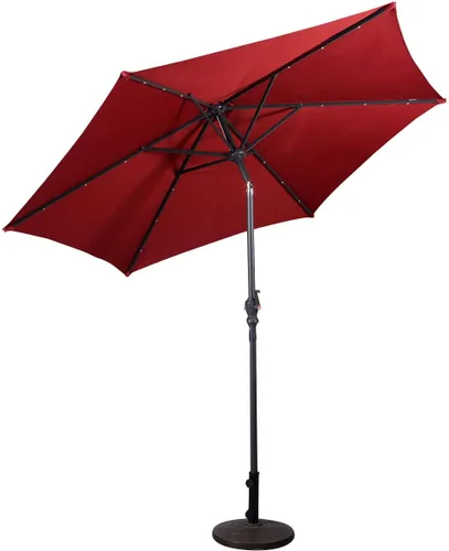 Giantex Sombrilla de patio de 9 pies con luces solares, sombrilla de mesa para exteriores con botón de inclinación y manivela, para mercado, jardín,