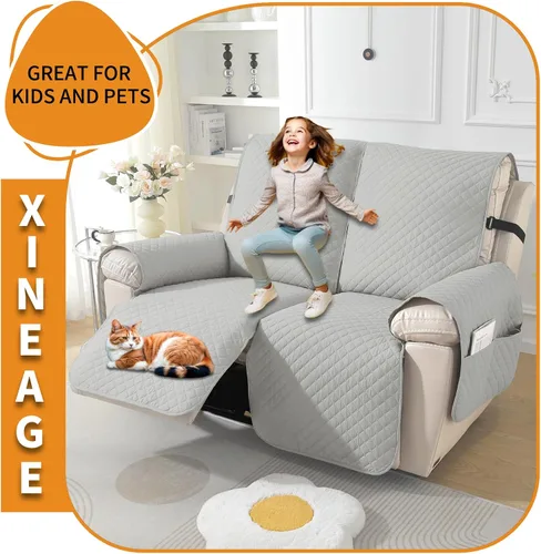 Miniatura 5 de XINEAGE Funda para Reclinable Resistente al Agua, Fundas para Reclinable Loveseat de 2 Asientos con Bolsillos, Funda Protectora para Reclinable Gris