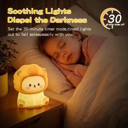 Miniatura 2 de Linda luz nocturna de león para niños, lámpara recargable de guardería con temporizador, 3 niveles de brillo y luz cálida, luz nocturna de silicona