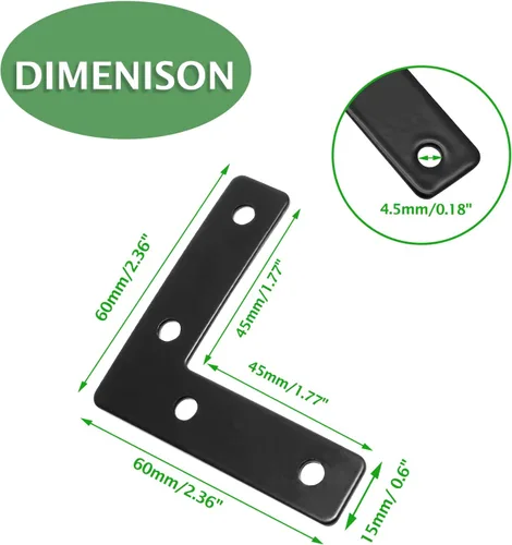 Miniatura 3 de Uenhoy 20 placas planas en forma de L de 2.36 x 2.36 pulgadas, soporte de esquina plana en ángulo recto, negro