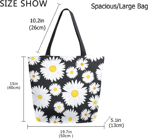 Miniatura 3 de Elegante bolsa de hombro extragrande con estampado para viajes a la playa, fin de semana, gimnasio, compras de comestibles.., Daisy Flower, Casual