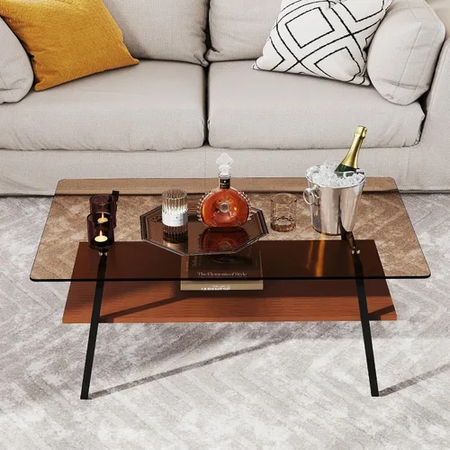 Miniatura 5 de Mesa de centro de cristal para sala de estar, mesa de centro de 2 niveles de mediados de siglo, mesa central con parte superior de vidrio templado