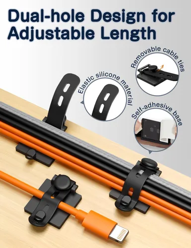 Miniatura 3 de Viaky Kit de organización de cables, paquete de 10 clips adhesivos para cables con 5 correas de silicona ajustables, 10 bridas y 10 tornillos