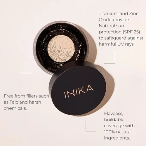 Miniatura 2 de INIKA Base de maquillaje mineral orgánica en polvo con SPF 25, maquillaje vegano, aspecto natural, cobertura construible, resplandor y brillo