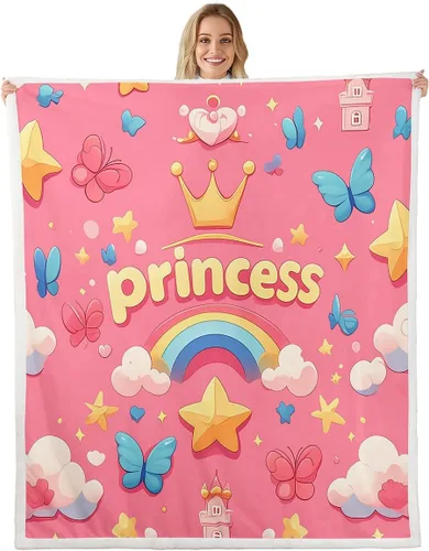 Princess Flannel Blanket All Seasons,Rainbow Cloud Stars Butterfly Bed Blanket for Kawaii Home Decor,Dreamy Fairy Tale Castle Blanket for Kids Girls