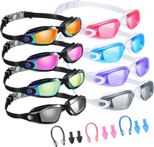 Konohan Paquete de 8 gafas de natación sin fugas para adultos, protección UV, gafas de piscina con clip para la nariz Bright Color