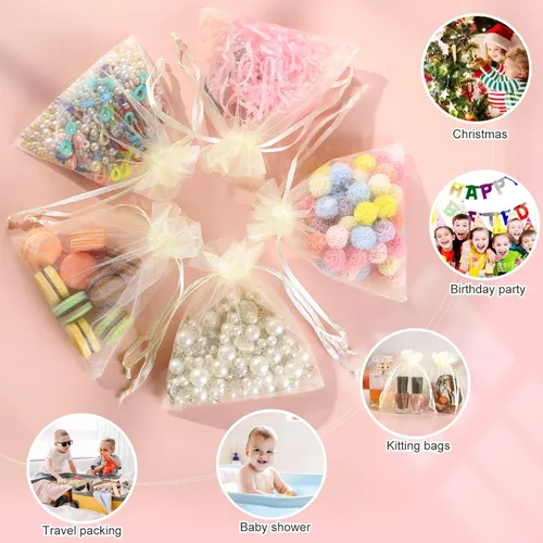Miniatura 3 de Hopttreely 100 bolsas de organza, 4''x4.72'' bolsitas de organza de satén amarillo pastel con cordón para favores de boda y fiesta, bolsa de regalo