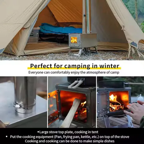 Miniatura 6 de Estufa de leña portátil para acampar con mochila y tubo de chimenea de 8.6 pies; ligera y plegable para tienda de campaña, caza, pesca en hielo
