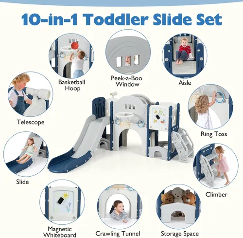 Miniatura 2 de Costzon Juego de tobogán 10 en 1 para niños pequeños, juego de tobogán y escalador con pizarra magnética, juego de anillos, aro de baloncesto, túnel