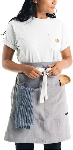 Miniatura 2 de Caldo Linen Bistro Cafe - Delantal de grado profesional con bolsillos, medio delantal de cocina, longitud media de 23 x 23 pulgadas, lazos