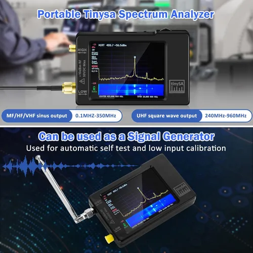 Miniatura 4 de Analizador portátil de espectro TinySA, AURSINC V0.3.1 Analizador de frecuencia portátil, Generador de señal 100kHz a 960MHz Entrada MF/HF/VHF UHF