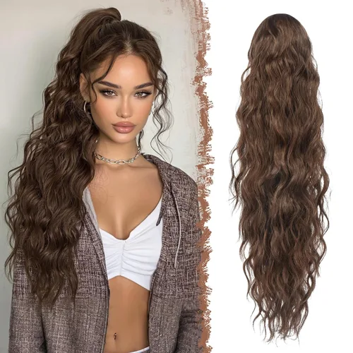 Miniatura 21 de FESHFEN Extensiones de cola de caballo – 26 pulgadas cordón largo rizado ondulado clip en colas de caballo pelo sintético extensiones de cola