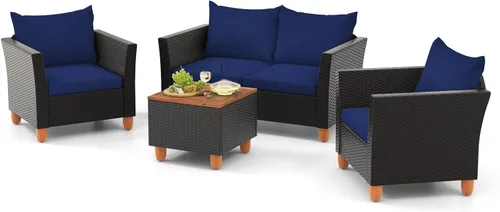 HAPPYGRILL Juego de 4 piezas de mimbre para patio, silla de ratán de polietileno y otomana con cojines extraíbles, mesa de centro de almacenamiento,