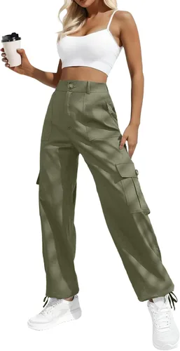 Lepunuo Pantalones cargo de cintura alta para mujer, pantalones de viaje Y2K Streetwear holgados elásticos con 6 bolsillos con cordón en los tobillos