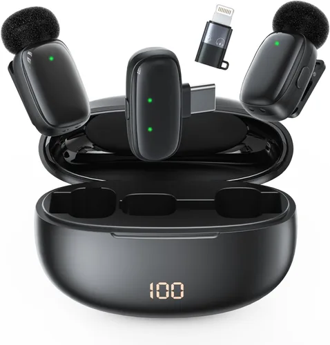 Mini micrófono inalámbrico Lavalier para iPhone, iPad, Android, batería de larga duración de 30 horas, rango inalámbrico de 100 pies, cancelación de