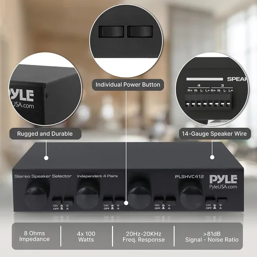 Miniatura 4 de Pyle Selector de Altavoces Estéreo de Alta Potencia de 4 Canales con Control de Volumen - Construcción de Carcasa Resistente y Duradera, Disipador