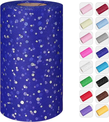 Rollos de tul con purpurina, 6 pulgadas por 50 yardas (150 pies) de tela de tul de tela de tul para faldas tutú, costura, cumpleaños, boda, Azul real