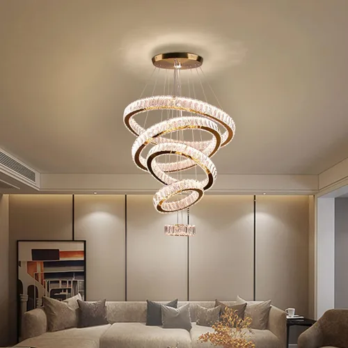 Miniatura 3 de Lámpara candelabro LED de cristal grande, moderna de 5 anillos, luz colgante ajustable para dormitorio, comedor, cocina (blanco cálido).