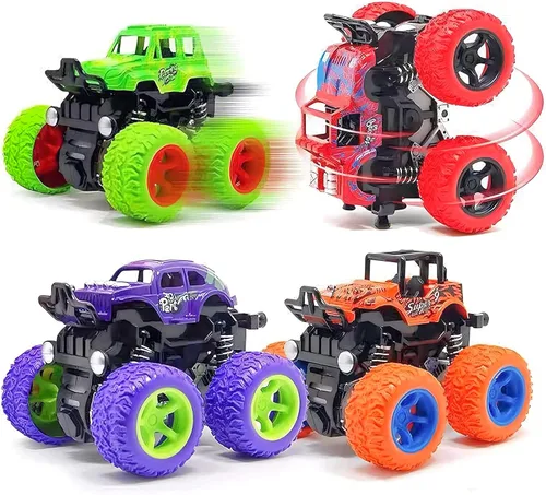 Camión monstruo para niños de 3, 4, 5, 6, 7 años, paquete de 4 juguetes de automóvil impulsados por fricción Push and Go, juego de vehículos de