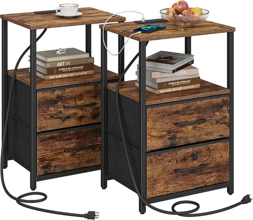 Miniatura 17 de TUTOTAK Mesita de noche LED con estación de carga, mesita de noche grande con puerto USB y Type-C, mesa de noche con cajones de tela, mesa auxiliar