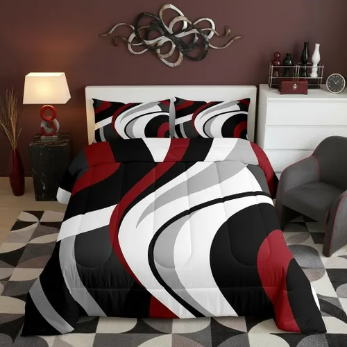 Juego de edredón de rayas rojas y negras, juego de ropa de cama tamaño King con ondas circulares abstractas, geométrico, espiral, acolchado, 3 Multi
