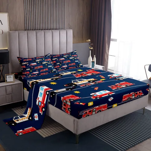 Juego de sábanas para cama de coche de bomberos, juego de sábanas de coche de policía con bolsillo profundo, sábana bajera ajustable para decoración