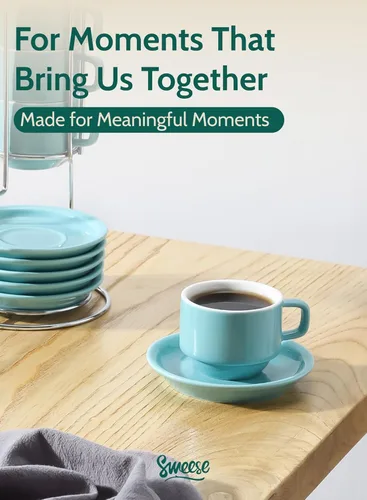 Miniatura 6 de Sweese - Juego de 4 tazas de espresso apilables de porcelana de 4 onzas con platillos y soporte de metal, color turquesa