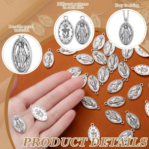 Miniatura 3 de Ferreve 48 piezas de colgante de medalla de Virgen María de 1 pulgada, collar ovalado de plata con colgante de Virgen María, medallas religiosas