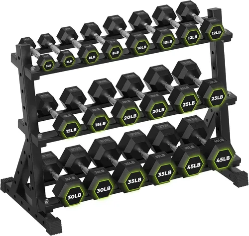 Miniatura 11 de HANDBODE Soporte para mancuernas de 3 niveles, estante de almacenamiento de capacidad de 1000 libras, estante de pesas para mancuernas, pesas rusas