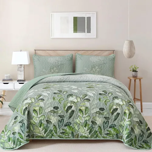 Miniatura 17 de WONGS BEDDING Juego de edredón floral tamaño Queen, 3 piezas, colcha con hojas botánicas en color agua, juego de edredón con 2 fundas de almohada