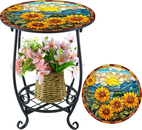 Miniatura 14 de Cinnvoice Mesa auxiliar redonda para exteriores, mosaico pequeño, decoración de patio, planta interior, mesa de té para patio, porche, jardín, sala