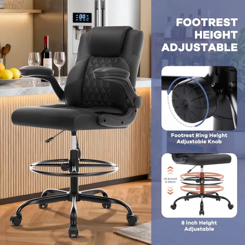 Miniatura 5 de Silla de dibujo de cuero, silla de oficina alta para escritorio de pie, silla de oficina de alto ejecutivo con soporte lumbar inflable, altura