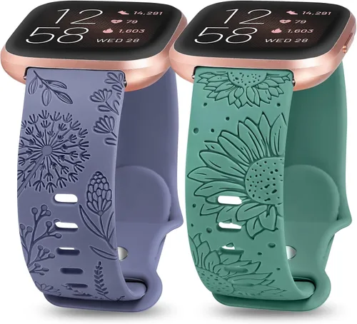 Miniatura 7 de Minyee Paquete de 2 correas con grabado floral compatibles con Fitbit Versa 2/Fitbit Versa/Versa Lite para mujeres, linda correa deportiva de Marrón