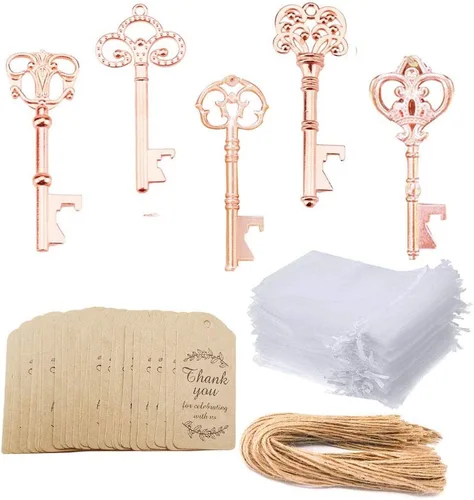 Awtlife - 50 unidades de abrebotellas de esqueleto vintage rústico con tarjetas de etiqueta, bolsa transparente para recuerdos de fiesta de boda, 5