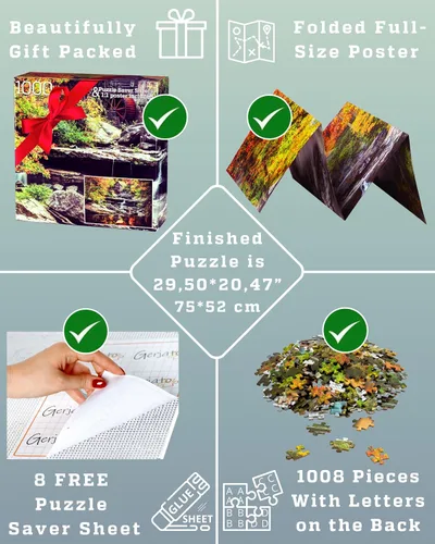 Miniatura 6 de Rompecabezas de 1000 piezas para adultos – Escena otoñal de molino de grano con cascadas, caja lista para regalo, letras en la parte posterior
