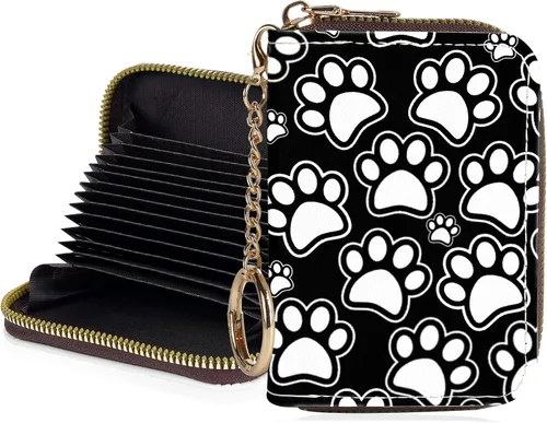 Tarjetero de crédito para mujer, pequeña cartera RFID con cierre de llavero, bonita cartera de piel sintética, Huellas de patas en blanco y negro,