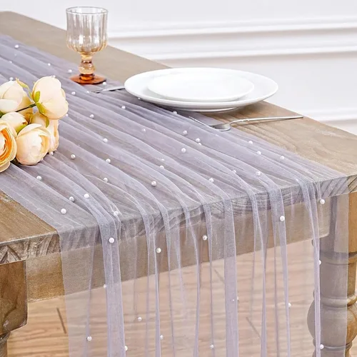 Miniatura 38 de LuoluoHouse Camino de Mesa de Perla para Centros de Mesa de Boda: Camino de Mesa de Perla de 10 pies, Decoración de Mesa de 29x120 Pulgadas de Tul